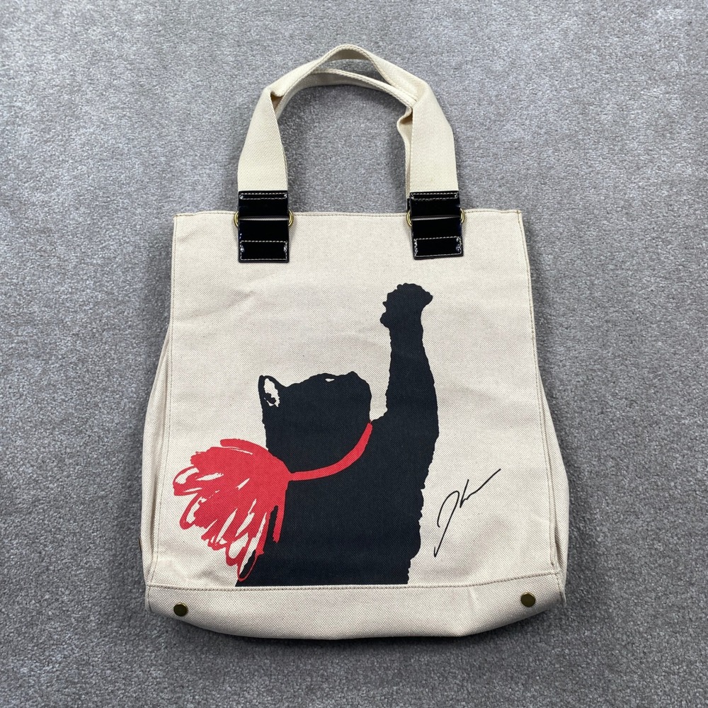 Jason Wu Canvas Tote Bag Womens Large Cream Black Cat Graphic Patent Trim